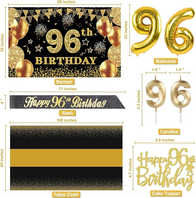 96th Birthday Decorations Men Women with 96th Birthday Banner, Black and Gold Table Cloth, Number Balloons, Large Sash, Cake Topper and Candles