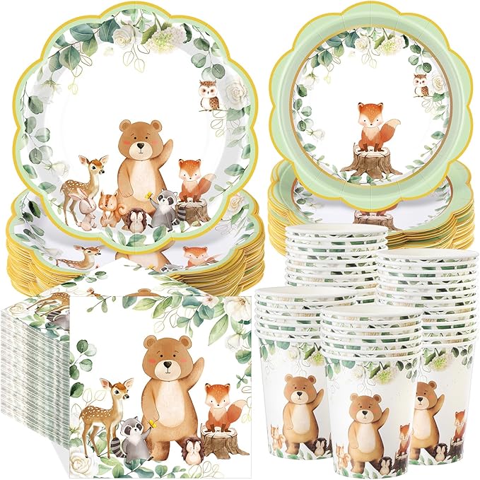 Funnymoom 250 Pcs Woodland Baby Shower Party Decorations Safari Animals Paper Plates Napkins and Cups Disposable Tableware Set for Birthday Baby Bridal Shower Wedding Party Supplies, Serves 50