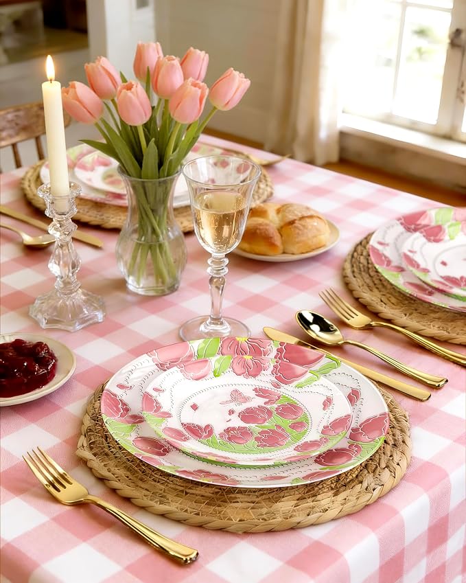 Hioasis 60pcs Plastic Disposable Plates Set - Pink Tulip & Butterfly Pattern with Pearl Trim, 10.25 Dinner & 7.5 Dessert Plates for Wedding,Anniversary,Party and Holiday