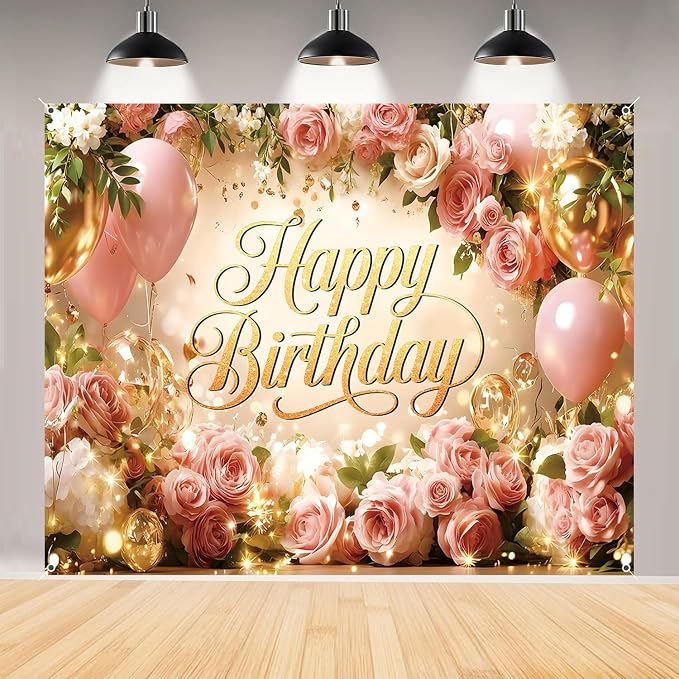 Happy Birthday Backdrop Banner for Women Girls Princess Pink Floral Flower Wall Rose Gold Balloon Party Decorations Photography Background Supplies Decor Fabric Photo Booth Props 8x6ft