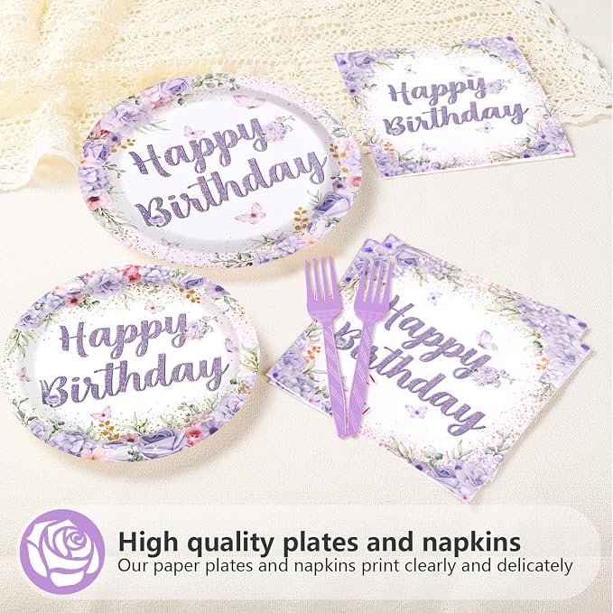 96Pcs Purple Floral Birthday Party Decorations Spring Purple Flowers Birthday Plates and Napkins Sets Flower Butterfly Decorations for Women Girls Lady Rose Shower Party Supplies Serves 24