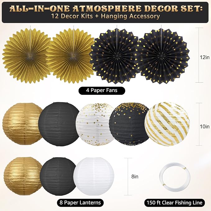 Black and Gold Party Decorations Set with Hanging Paper Lanterns Fans for Graduation Decorations 2026 50th 60th Birthday Wedding Anniversary New Year Eve Baby Shower