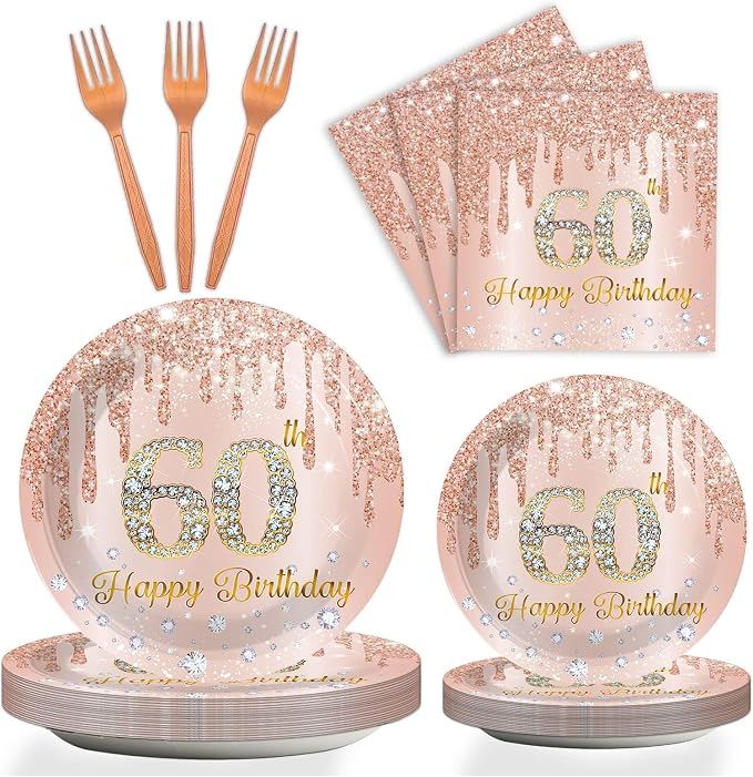 ZOIIWA 96 Pieces 60th Birthday Party Tableware Set for Pink Rose Gold 60th Paper Table Decorations Supplies Pink Rose Gold Happy 60 Birthday Dessert Plates Napkins Forks for 24 Guests Women Supplies