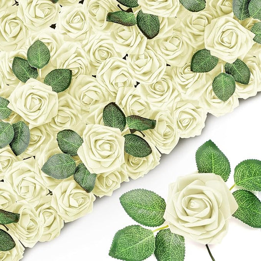 Sherr 250 Pcs Artificial Roses Flowers Bulk Fake Rose with Stem Faux Bridal Flower Centerpiece for Wedding Mother's Day Decorations Bridal Shower Party DIY Bouquet Gifts(White)