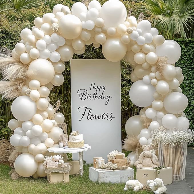 Pearl White Balloons Arch Kit, Double Stuffed White Sand Beige Ivory Balloons Pastel White Bobo Balloons Arch Kit for Wedding Birthday Party Engagement Decorations