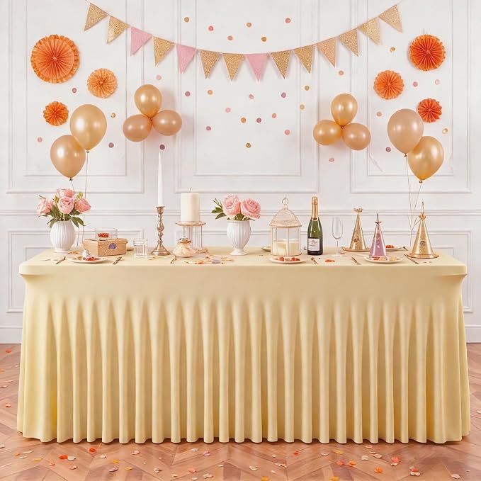6 Packs Dark Champagne Spandex Tableclothes for 8 Foot Rectangle Tables, Wrinkle Free 8ft Fitted Table Cover Stretch Table Cloth Desk Skirt for Weddings Baby Shower Birthday Party Banquet Decorations