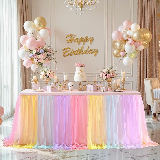 Pastel Rainbow Table Cloths for Parties Tulle Table Skirts Rectangle Tables 8ft Fitted Spandex Table Covers Stretch Elastic Banquet Wedding Baby Shower Birthday Party Table Cloths 8 Foot Rectangle