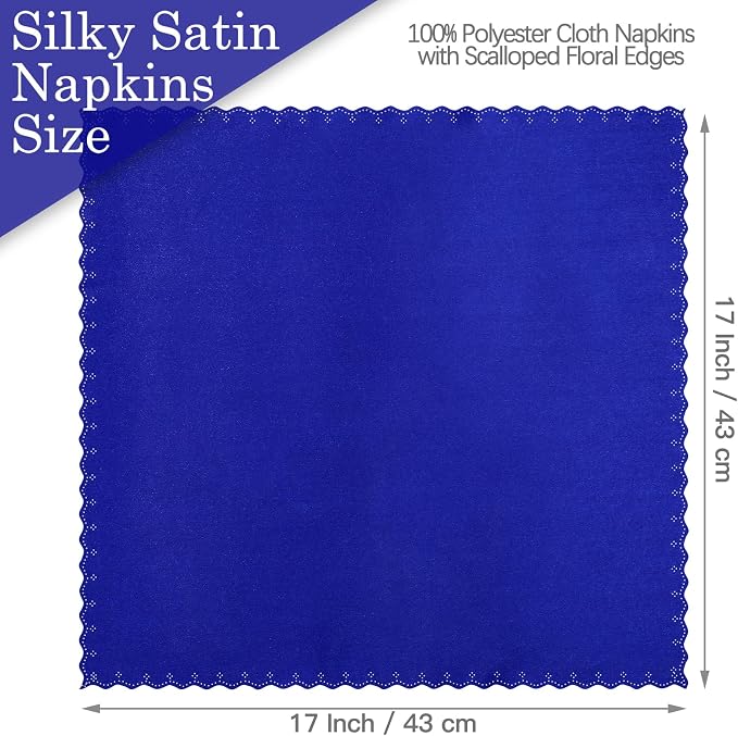 Homiest Royal Blue Satin Napkins - 100 Pack, 17x17 Inches, Scalloped Square, Silky Elegant Wedding Napkins for Restaurant Banquet Graduation Party