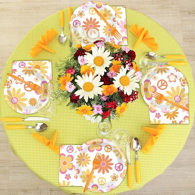 ZOIIWA 200 PCS Groovy Birthday Tableware Disposable Hippie Daisy Flower Plates Napkins Party Supplies 60s 70s Two Retro Boho Dinnerware Set Hippie Party Baby Shower Decoration Serve 50 guest