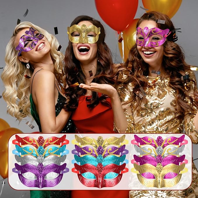VioraWhite 60 Pack Multicolored Masquerade Mask Gold Shining Plated Mardi Gras Mask for Purim Mardi Gras Wedding Party