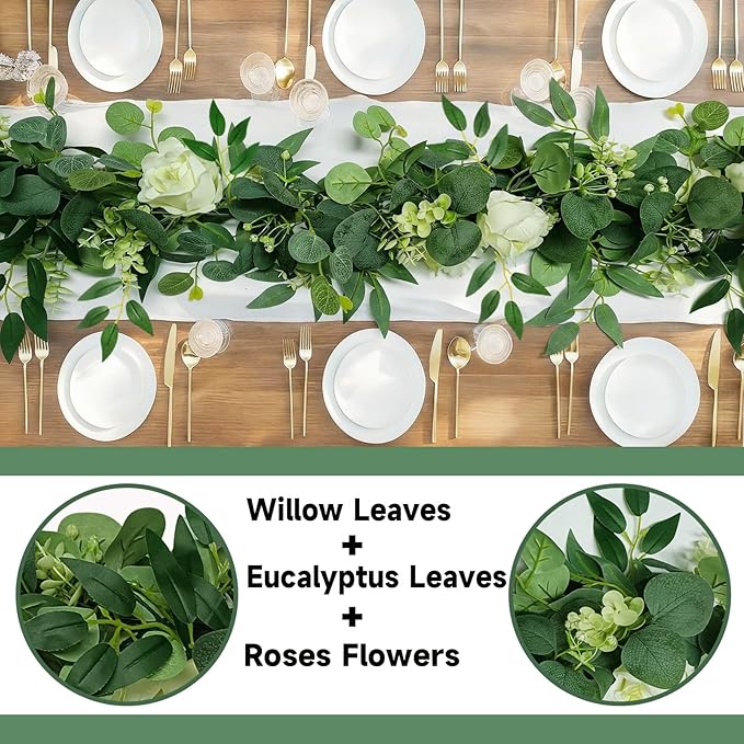 4 Packs 5.9 Ft Artificial Eucalyptus Willow Leaves Garland with Flowers Artificial Greenery White-Flowered Vines Fake Eucalyptus Flower Garland for Wedding Decoration Table Home Stairs Decor