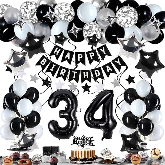 34th Birthday Decorations for Men Women, Black White and Silver Happy 34 Party Decor Set with 34 Number Foil Balloons, Banner, Cake Topper for Him Her