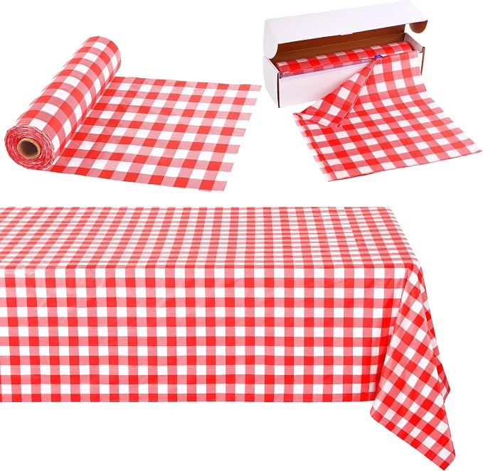 Kochorie 54 Inch x 100 Ft Red Checkered Plastic Table Cloth Roll Disposable Waterproof Table Cover Plastic Table Cover Roll with Easy Slide Cutter for Outdoor Picnic/Home Dining/Summer Party