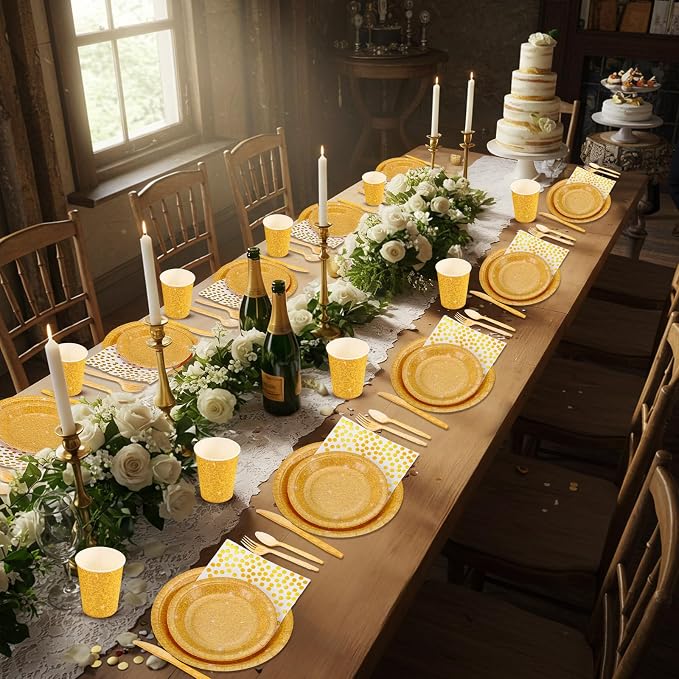 Hushee 175 Pcs 25 Guests Gold Paper Party Plates and Cups Napkins Sets Holographic Glitter Disposable Dinnerware Plastic Forks Knives Spoons Birthday Bachelorette Wedding Party Supplies