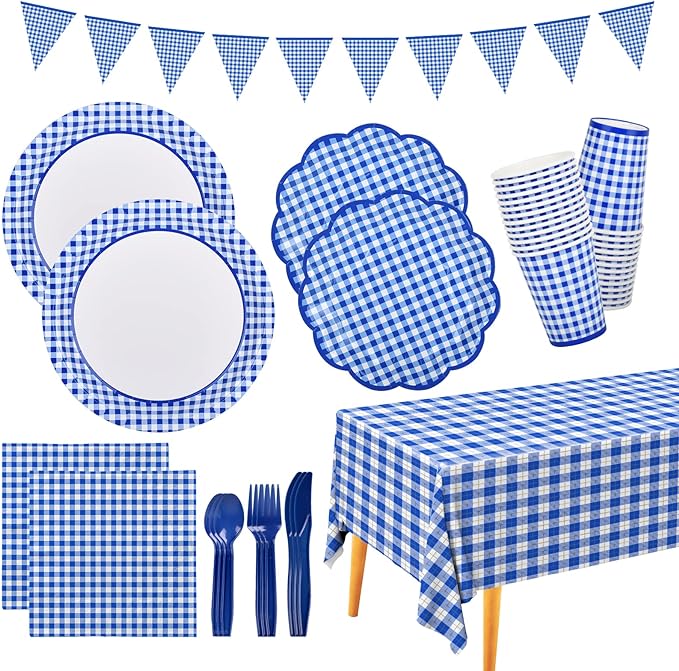 Gatherfun Gingham Blue and White Party Supplies Disposable Paper Plates Napkins Cups Knives Spoons Forks Tablecloth Banner for Birthday Party Family Dinner Picnic Barbecue Father's Day Party, Serve 25