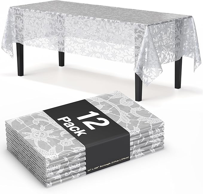 Exquisite Lace Table Cloth Rectangle Table Plastic 12-Pack Lace Tablecloth Rectangular 54" X 108" | White Floral Tablecloth Disposable | Wild Flower Party Decorations & Party Supplies