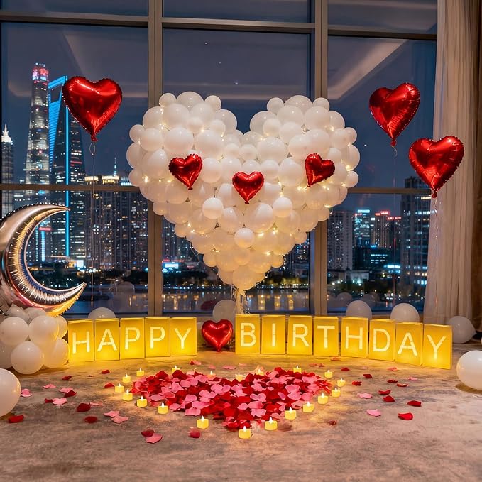 Happy Birthday Decorations for Women Men, Light Up Letters Luminary Bags with 30PC Bright LED Candles and 2000PC Fake Rose Petals, Surprise Birthday Party Banner Signs