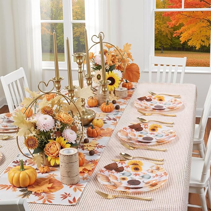 WDF 24Pcs Thanksgiving Plastic Plates - Heavy Duty Fall Plastic Plates - Gold Pumpkin and Sunflower Pattern for Thanksgiving Dinner & Parties (Pack of 2)