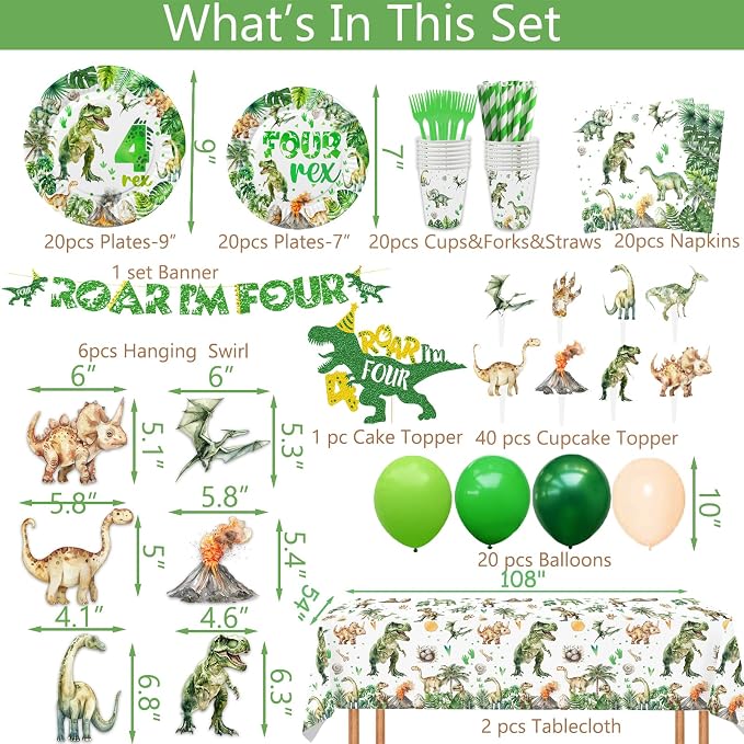 208 Pcs Dinosaur 4th Birthday Party Supplies, Green Dino Roar I'm Four Birthday Decorations, 20 Serves Include Plates, Cups, Napkins, Tablecloth, Cake Topper, Swirls, Banner, Balloons for Boys