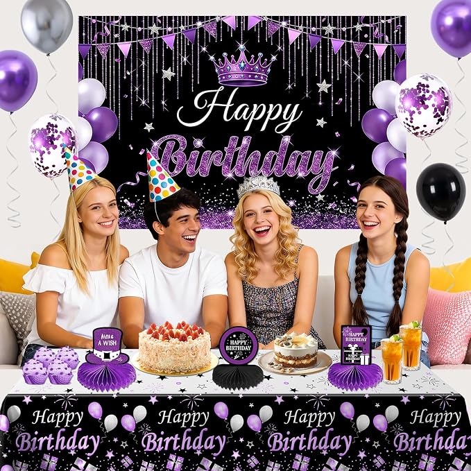 Black and Purple Birthday Decorations for Women Girls Men, Purple and Silver Party Decorations Happy Birthday Banner Backdrop Honeycomb Centerpiece Table Decoration Black Confetti Silver Balloons Arch