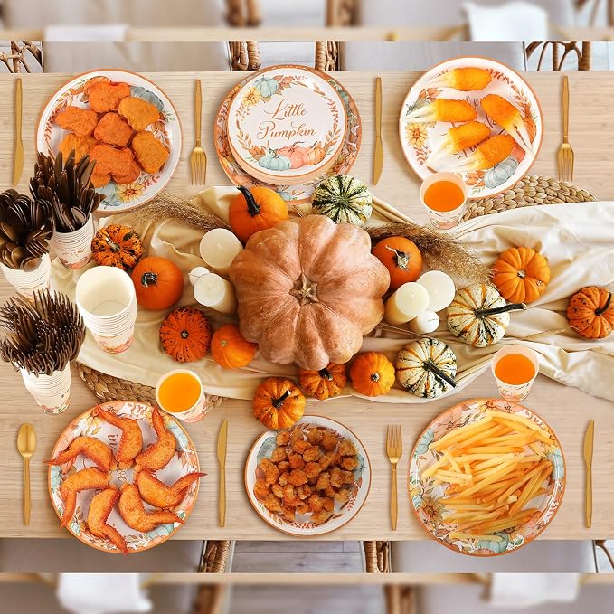 Ziliny 350 Pcs Fall Baby Shower Party Supplies Fall in Love with Baby Paper Plates Napkins Cups and Plastic Cutlery Party Tableware Set for Autumn Shower Birthday Decorations, Serves 50