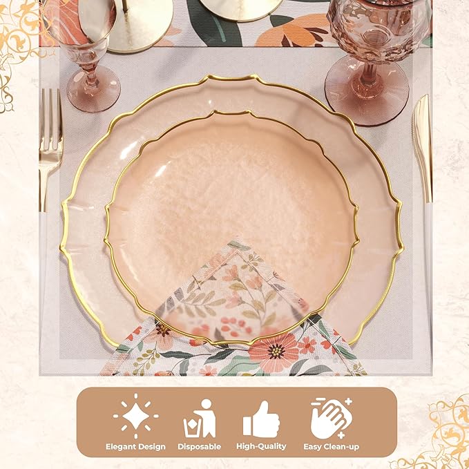 Exquisite Tinted Plates - 40 Piece Plastic Disposable Party Set for 20 Guests - 20 X 7.5 Dessert & 20 X 10 Thin Delicate Fancy Plates - Coral Peach with Gold Rim
