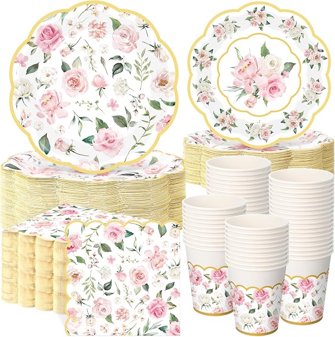 Funnymoom 250 Pcs Floral Party Decorations Flower Paper Plates Napkins and Cups Pink and Gold Floral Disposable Tableware Set for Bridal Shower Baby Shower Wedding Spring Tea Party Supplies, Serves 50