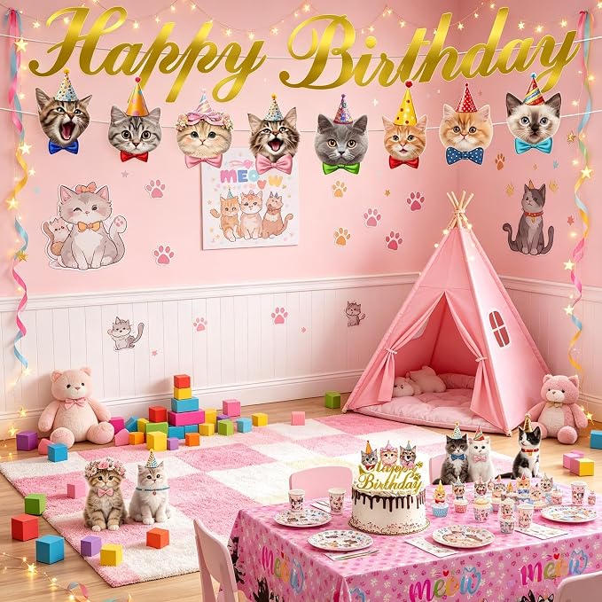 Cat Birthday Decorations, Cat Party Supplies with 9" & 7" Plates, Napkins, Tablecloth, Cake Topper, Pre-assembled Banner & Honeycomb Centerpieces for Cat Themed Birthday Party Decorations