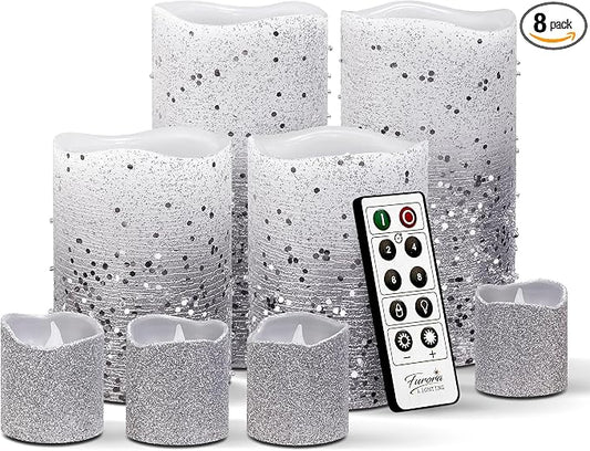 FURORA LIGHTING Silver Glitter LED Candles, 8-Pack Set with Remote & Timer | Includes 4 pillars and 4 votives. Creates a sleek, modern winter metallic ambiance perfect for elegant entertaining.