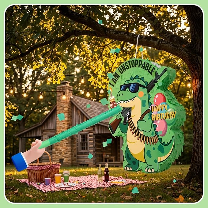 Dinosaur Piñata for Birthday Party, Dino Piñata Set with Blindfold and Baton, Pull String Pinata for Birthday Party Celebration