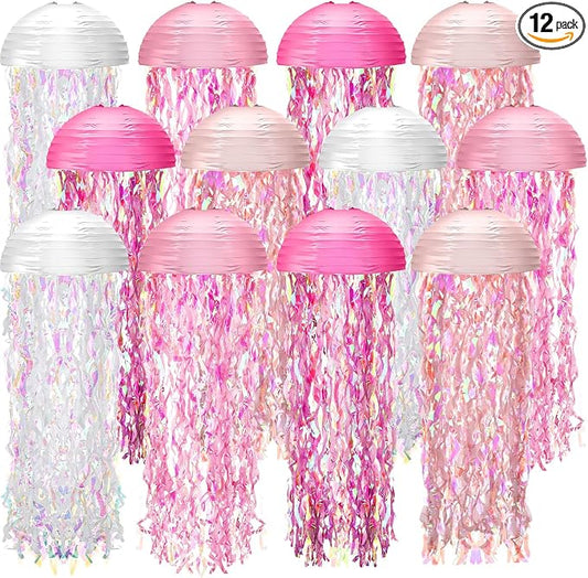 Baquler Set of 12 Jellyfish Paper Lanterns 10 Inch Semicircle Lanterns Hanging Decoration for Mermaid Sea Ocean Birthday Party Decorations(White, Pink, Rose Red, Peach)