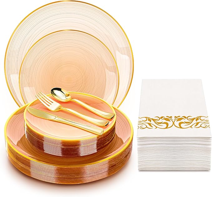 N9R 180PCS Mocha Mousse Plastic Plates with Gold Trim, Disposable Party Dinnerware Set for 30 Guests, Include 30 Dinner & Salad Plates, Napkins, Forks, Spoons and Knives
