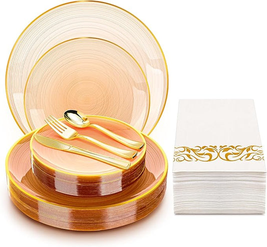 N9R 180PCS Mocha Mousse Plastic Plates with Gold Trim, Disposable Party Dinnerware Set for 30 Guests, Include 30 Dinner & Salad Plates, Napkins, Forks, Spoons and Knives