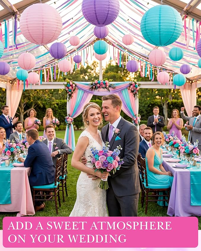 Treela 48 Pcs Paper Lanterns Party Decorations Chinese Round Paper Decor 4/6/8/10 Inch Asian Hanging Lamps Decorative for Graduate Wedding Birthday Party Bridal Parties Supplies(Purple)
