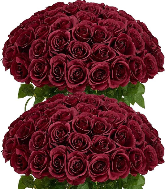 60 PCS Fake Burgundy Roses Artificial Burgundy Flowers Bulk Realistic Silk Faux Rose with Stems for Wedding Decoration Anniversary Bridal Bouquet DIY Floral Arrangement Romantic Home Decor Gifts