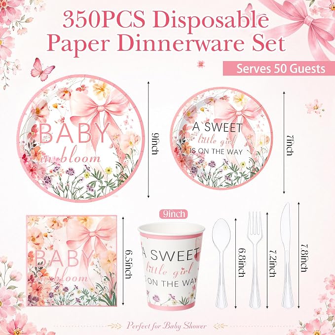 FillTouch 350 Pcs Baby in Bloom Baby Shower Party Plates Napkins a Sweet Is on The Way Paper Cups with Clear Knives Fork Spoon for Pink Bow Flower Disposable Birthday Tableware for 50 Guests