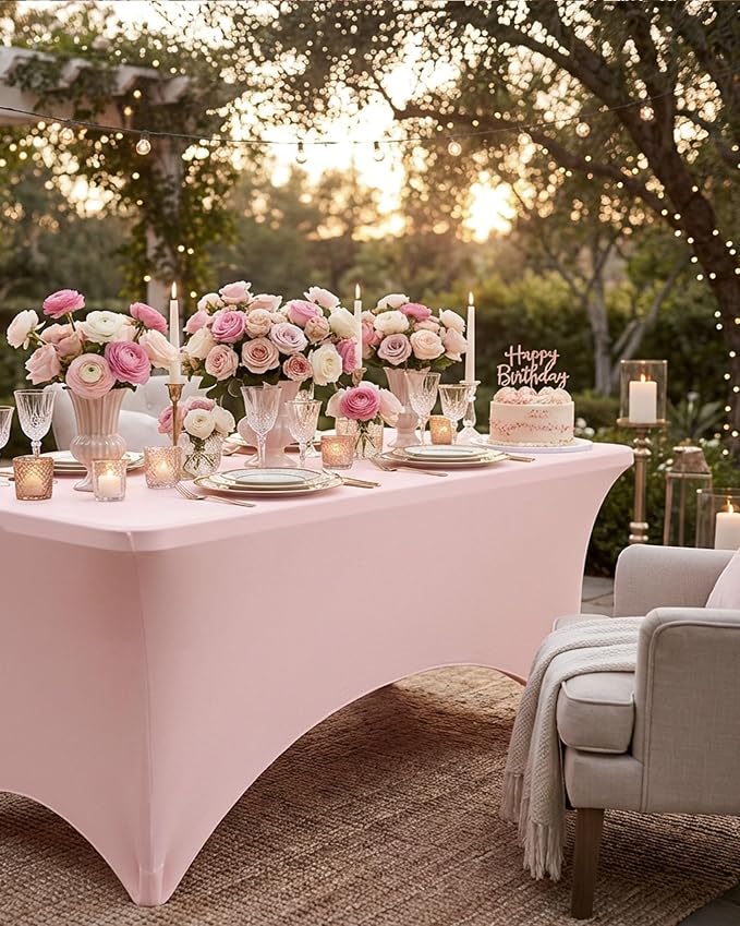Fixwal Light Pink Stretch Table Cloth Rectangle 2 Pack 4Ft, Spandex Fitted Table Covers Washable for Party, Trade Show, Banquet, Wedding, Buffet