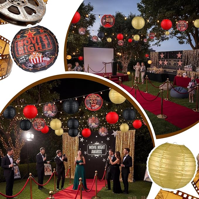 Panelee 12 Pcs Movie Night Party Decorations Theme Hanging Paper Lanterns with Popcorn Trophy Microphone Film Reel Lanterns Decorative for Movie Night Theater Home Carnival Birthday Party