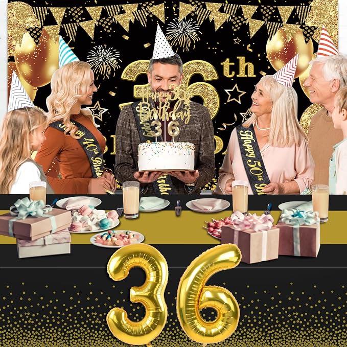 36th Birthday Decorations Men Women with 36th Birthday Banner, Black and Gold Table Cloth, Number Balloons, Large Sash, Cake Topper and Candles