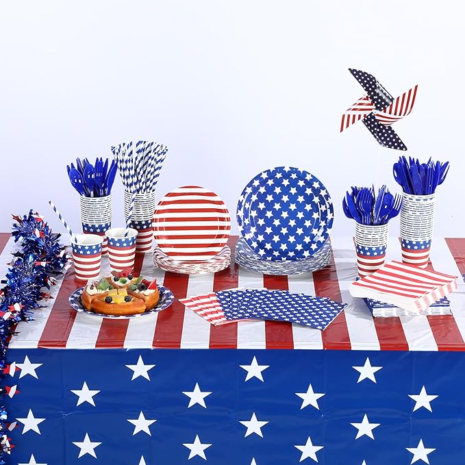 Funnymoom 452 Pcs Memorial Day Party Decoration for 50, 4th of July Patriotic Paper Plates Napkins Cups Tablecloth Cutlery Straw White Red Blue Tableware for 250th Aniversary Supplies