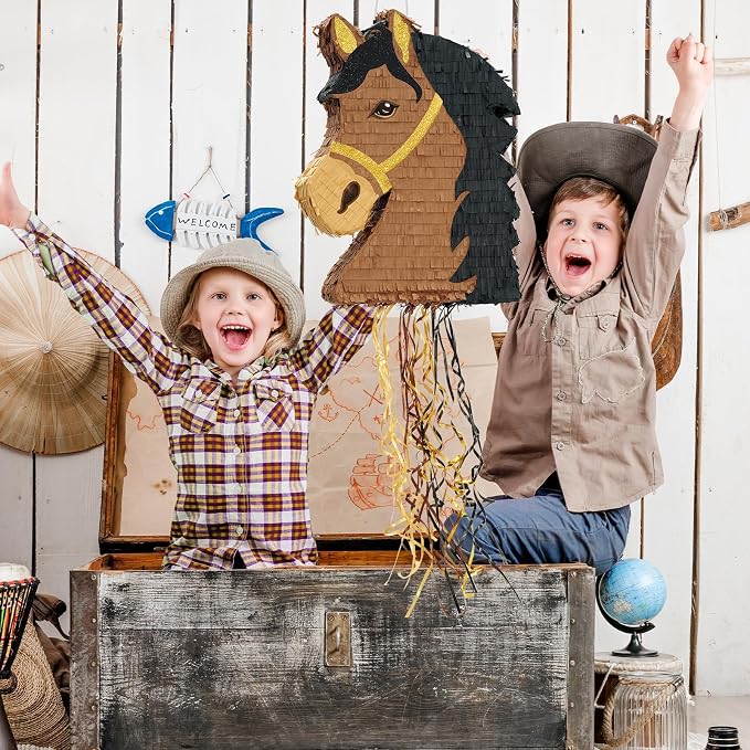 WERNNSAI Horse Piñata - Brown Horse Party Decorations Hanging Cowboy Piñata with Blindfold and Bat Western Cowboy Party Favors for Kids Boys Classroom Activities Kentucky Derby Games