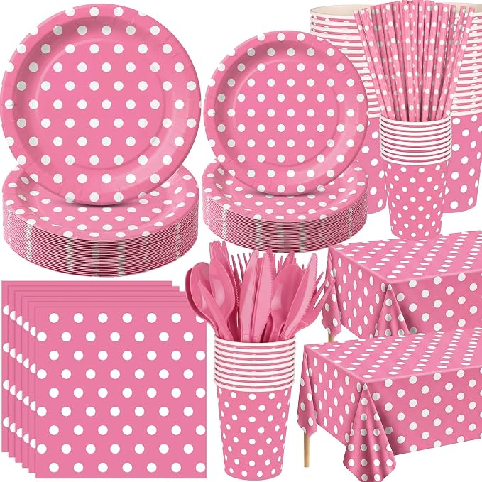 Funnymoom 452 Pcs Pink Polka Dot Party Supplies for 50, Pink and White Polka Dot Paper Plates Napkins Cups Tablecloth Cutlery Straws for Mouse Birthday Carnival Family Picnic Barbecue Party Decoration