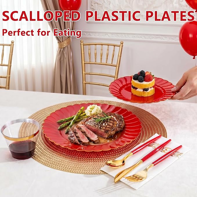 Ciaell 175 PCS Red Scalloped Plastic Plates with Gold Trim - Red Plastic Silverware with Handle - Fancy High-End Dinnerware Sets for Wedding & Party