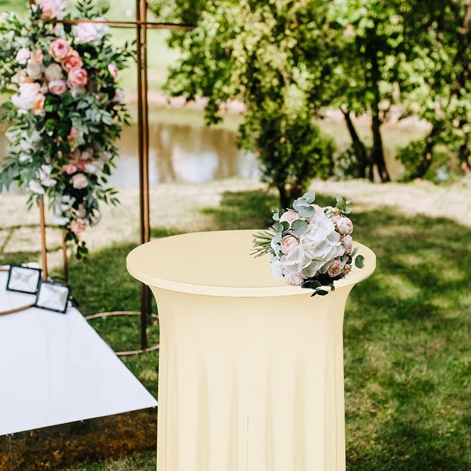 Kochorie 4 Pieces Cocktail Table Skirt Round Cocktail Table Covers 32 x 43 Inch Spandex Stretch High Top Table Cloth for Wedding Table Bar Banquet Party Supplies (Champagne)