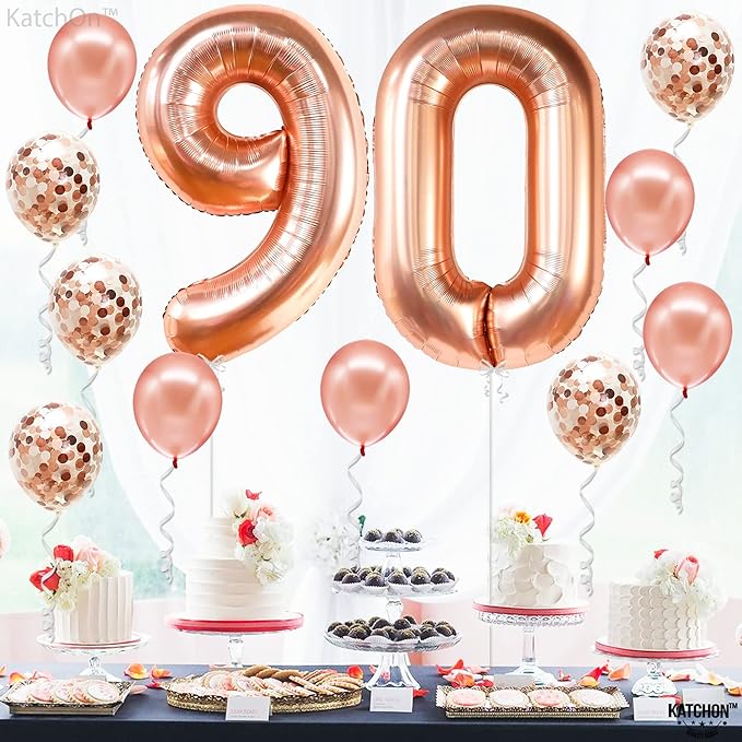 KatchOn, Rose Gold 90 Balloon Numbers - 40 Inch | Huge Rose Gold Balloons with Confetti - 36 Inch, Pack of 21 | 90th Birthday Decorations for Women | Rose Gold Birthday Decorations