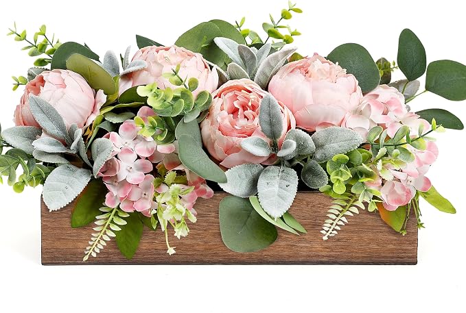 Pink Floral Centerpieces for Table, Pre-Made Artificial Peonies Hydrangea Centerpieces for Dining Table Wood Fake Flower Decorations for Wedding Living Room Party Bar Kitchen Table