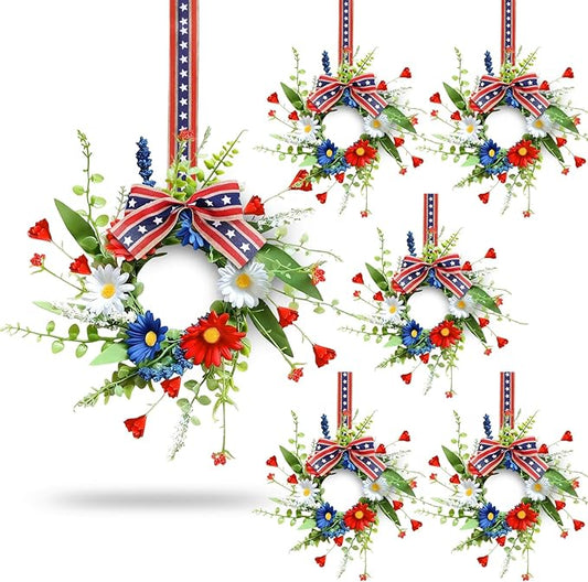 6 Pcs Mini Patriotic American Kitchen Cabinet Wreaths Small 4th of July Floral Swag Wreath for Front Door with Ribbon Daisy July Independence Day Hanging Wreath for Porch Wall Farmhouse Decor