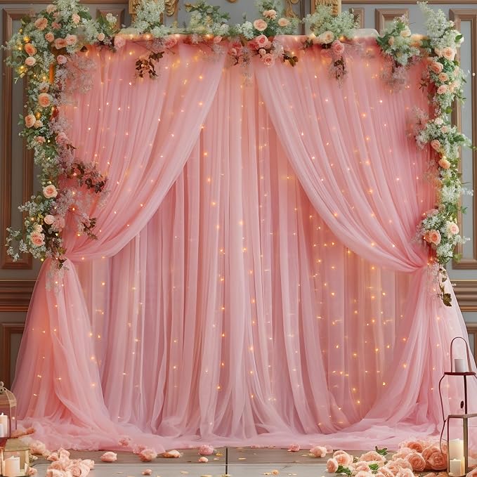 10x8ft Dusty Rose Tulle Backdrop Curtain with Lights String for Parites, Sheer Backdrop Curtains for Wedding Baby Shower Birthday Party Photo Shoot Decorations