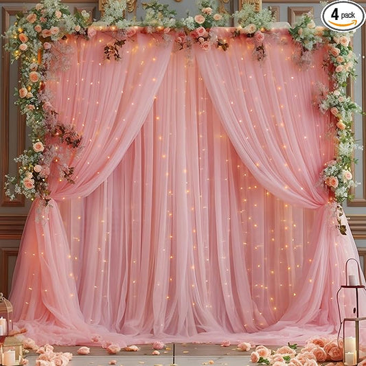 20x10ft Dusty Rose Tulle Backdrop Curtain with Lights String for Parites, Sheer Photo Backdrop Curtains with Lights for Wedding Backdrop Ceremony Reception Bridal Shower Baby Shower Birthday Party