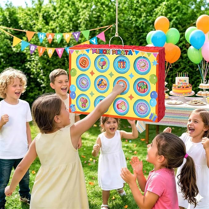 WERNNSAI Birthday Punch Piñata - Punch Box Piñata with 4 Sets of DIY Stickers & 4 Replacement Punch Papers, Hanging Surprise Game Supplies for Birthday Party, Family Gatherings, School Carnival Decor